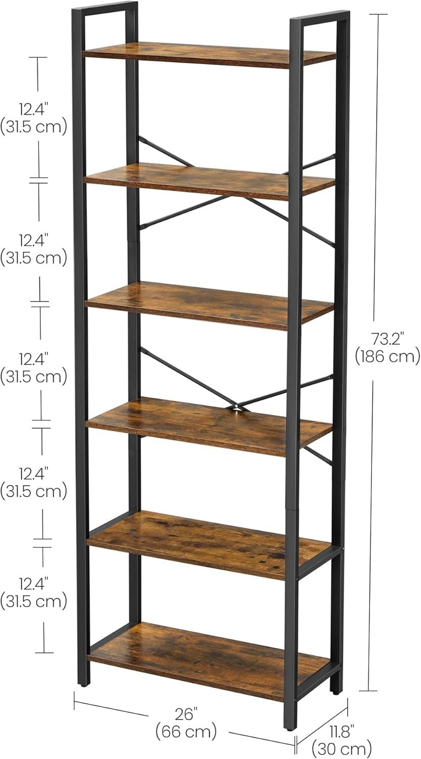 6-Tier Industrial Bookshelf Rustic Brown 186cm Tall Sturdy Storage Unit