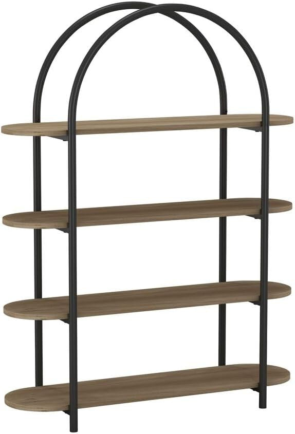 Modern 4-Tier Arched Bookshelf Storage Unit Metal Frame Rustic Oak Shelving