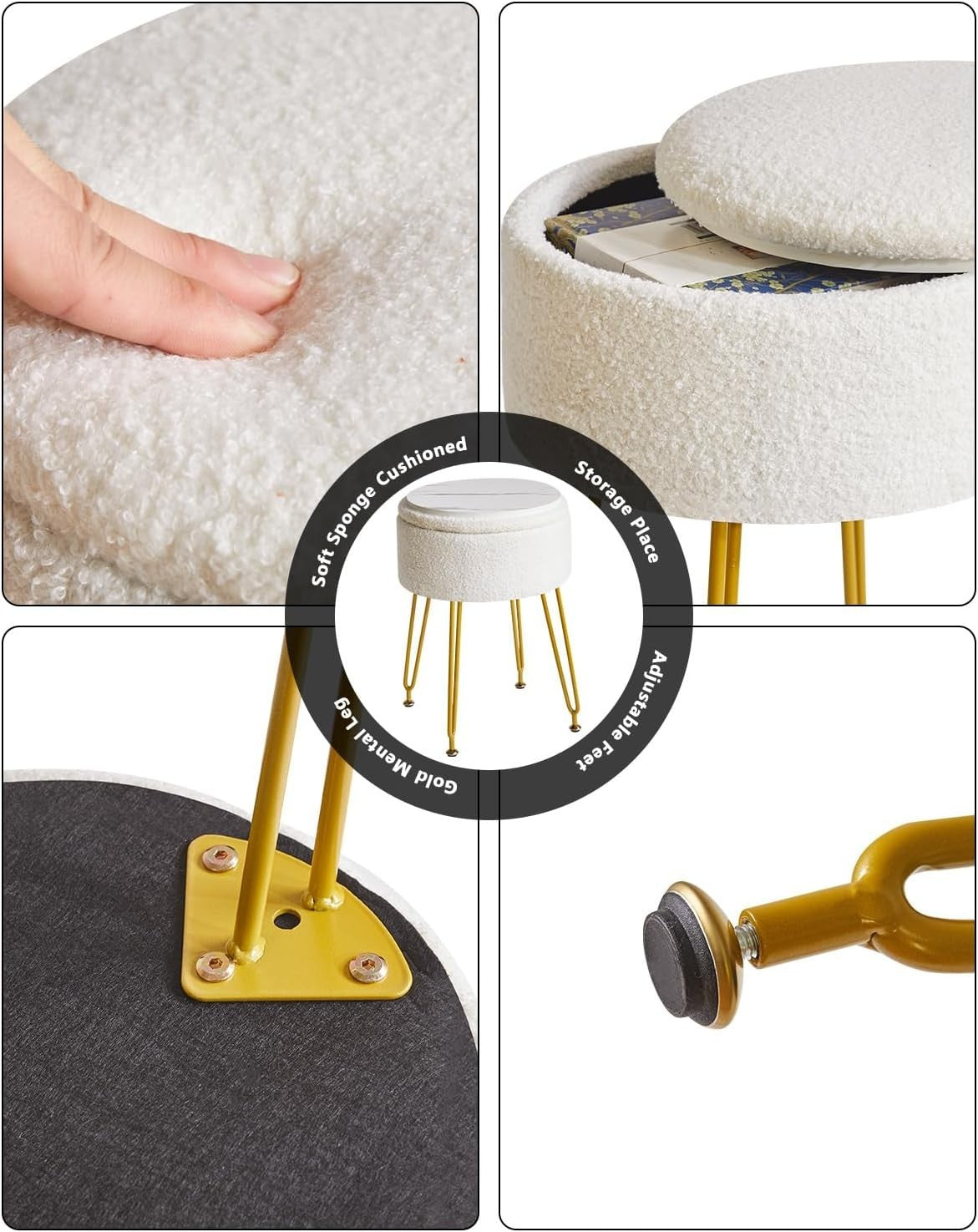 White Teddy Velvet Storage Footrest Stool – Vanity Seat w/ Golden Steel Legs