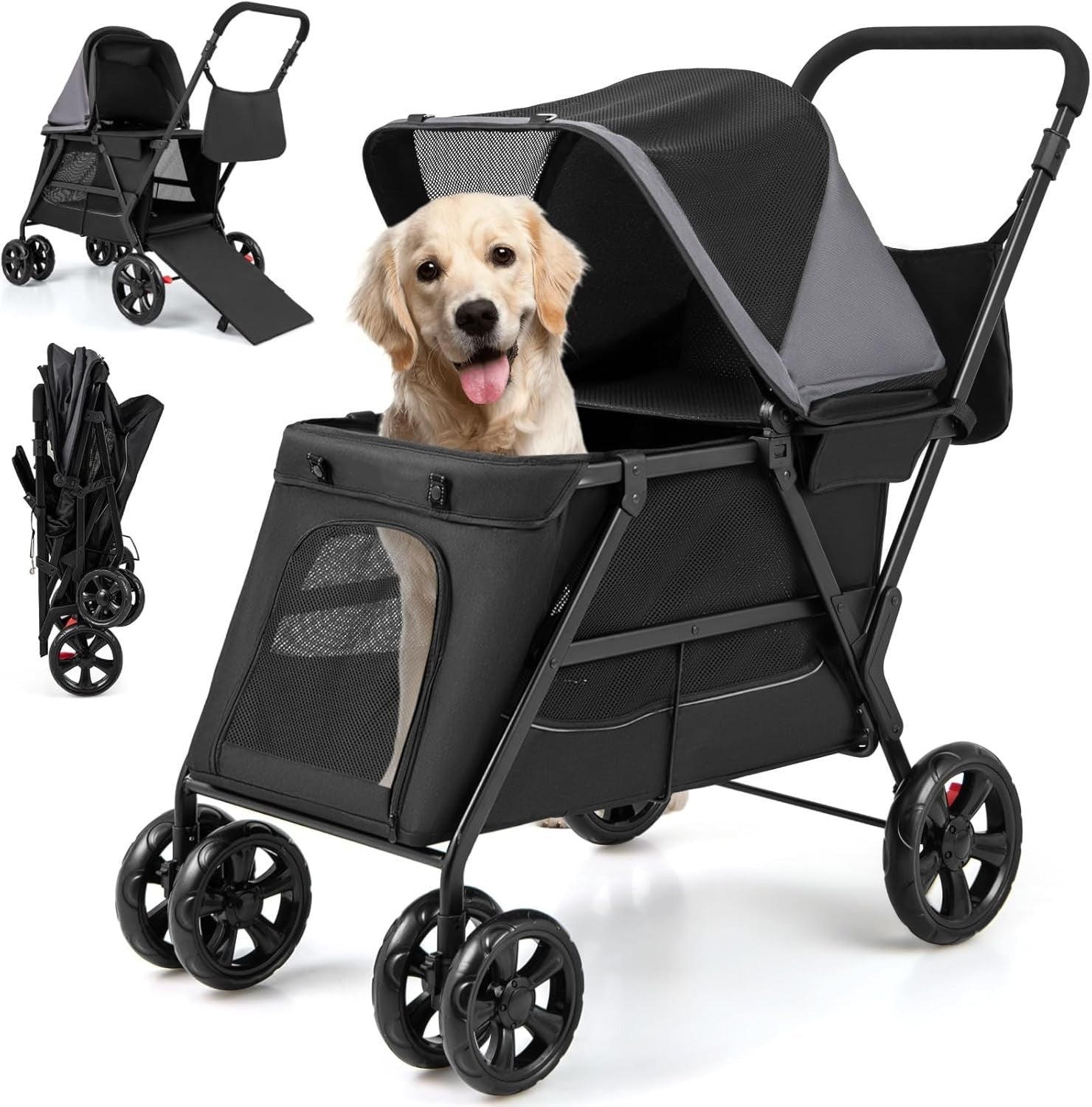 Pet Stroller Dog Buggy Foldable Pushchair Ramp Canopy Small Medium