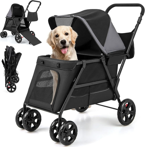 Pet Stroller Dog Buggy Foldable Pushchair Ramp Canopy Small Medium