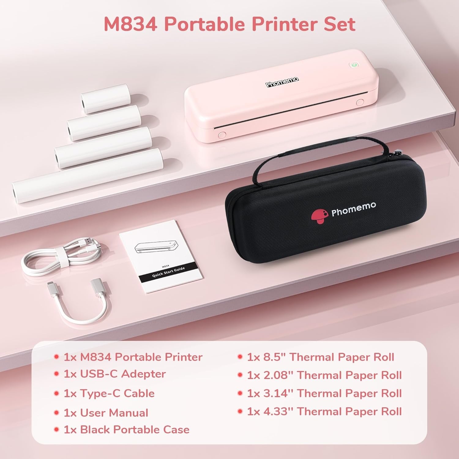 Portable A4 Thermal Printer Bluetooth Inkless 4 Rolls Pink