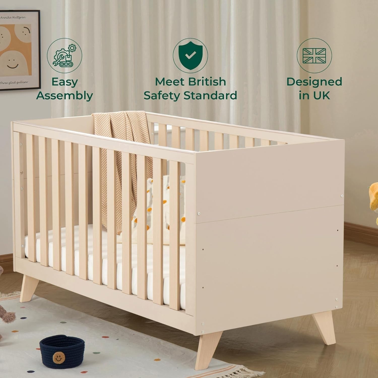 3in1 Convertible Toddler Bed Baby Cot Bed & Sofa Adjustable Height Teething Rail