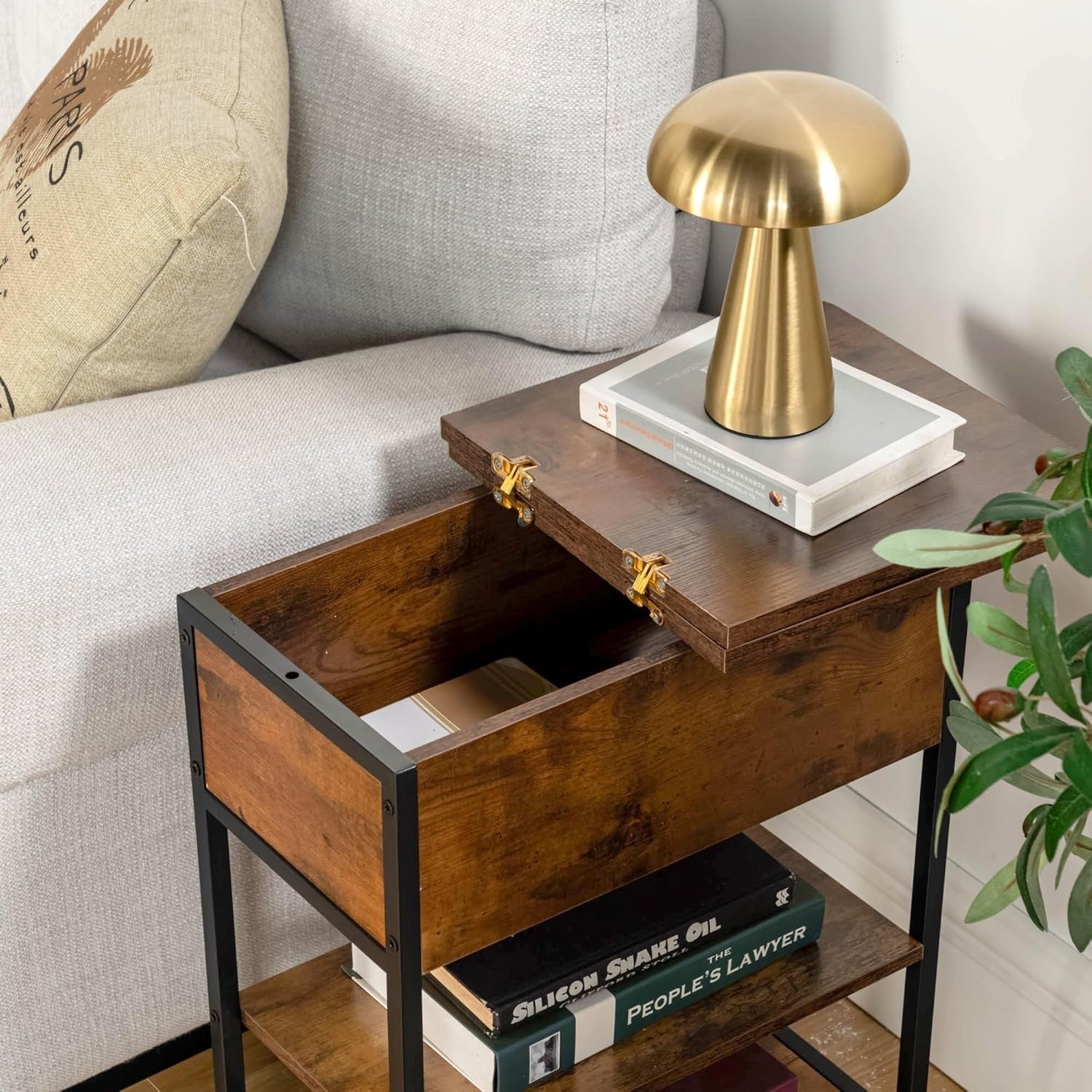 Slim Side Table with USB Ports Power Outlets & Storage, Industrial Brown