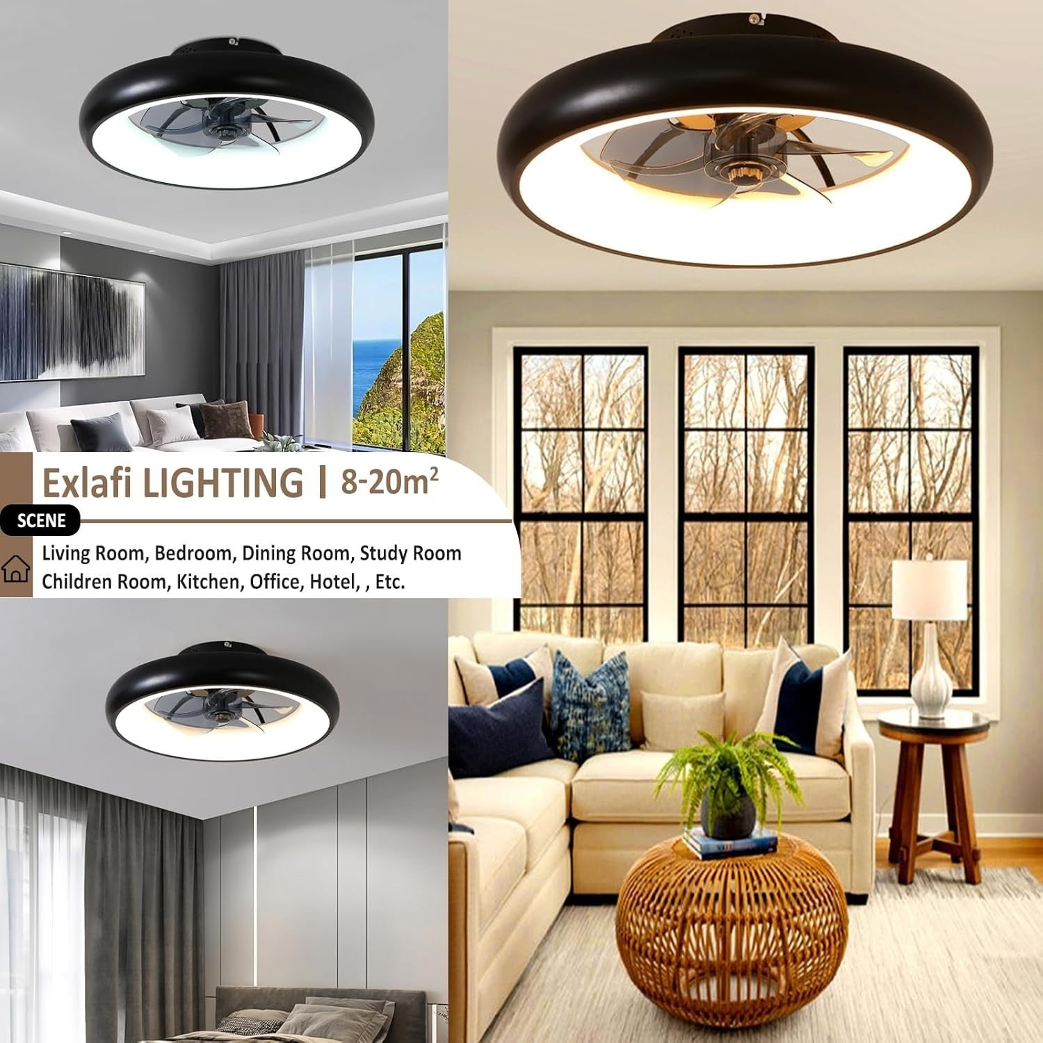 Exlafi 48CM Modern Ceiling Fan with LED Light, 6-Speed, Dimmable, Remote, Quiet