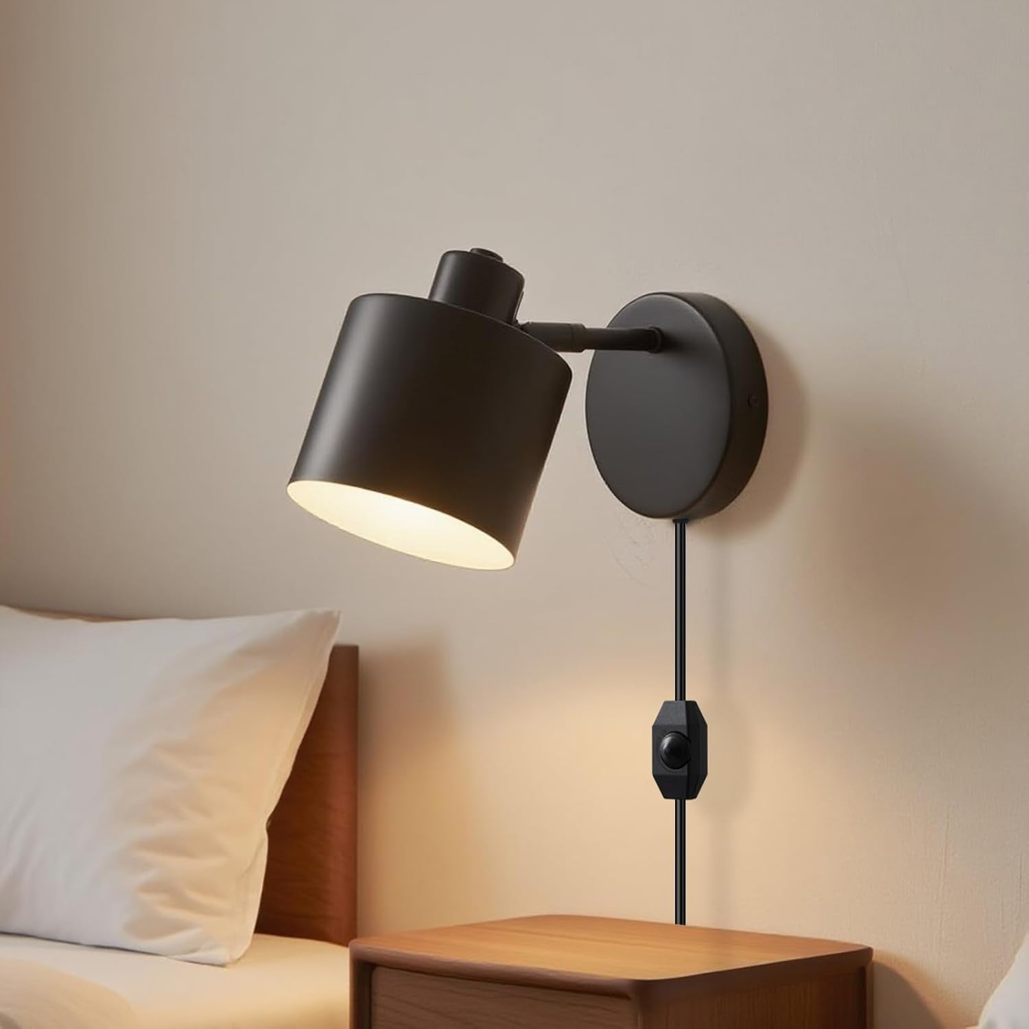 Dimmable 360° Rotatable Wall Lamp, Plug-In LED Sconce Light for Bedroom