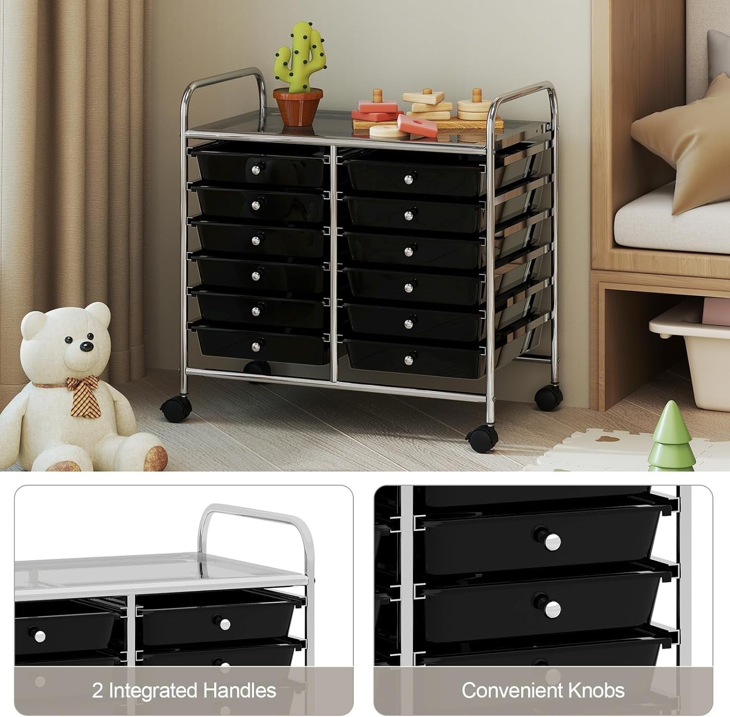 12 Drawer Rolling Storage Cart Utility Trolley Organizer Black Wheels