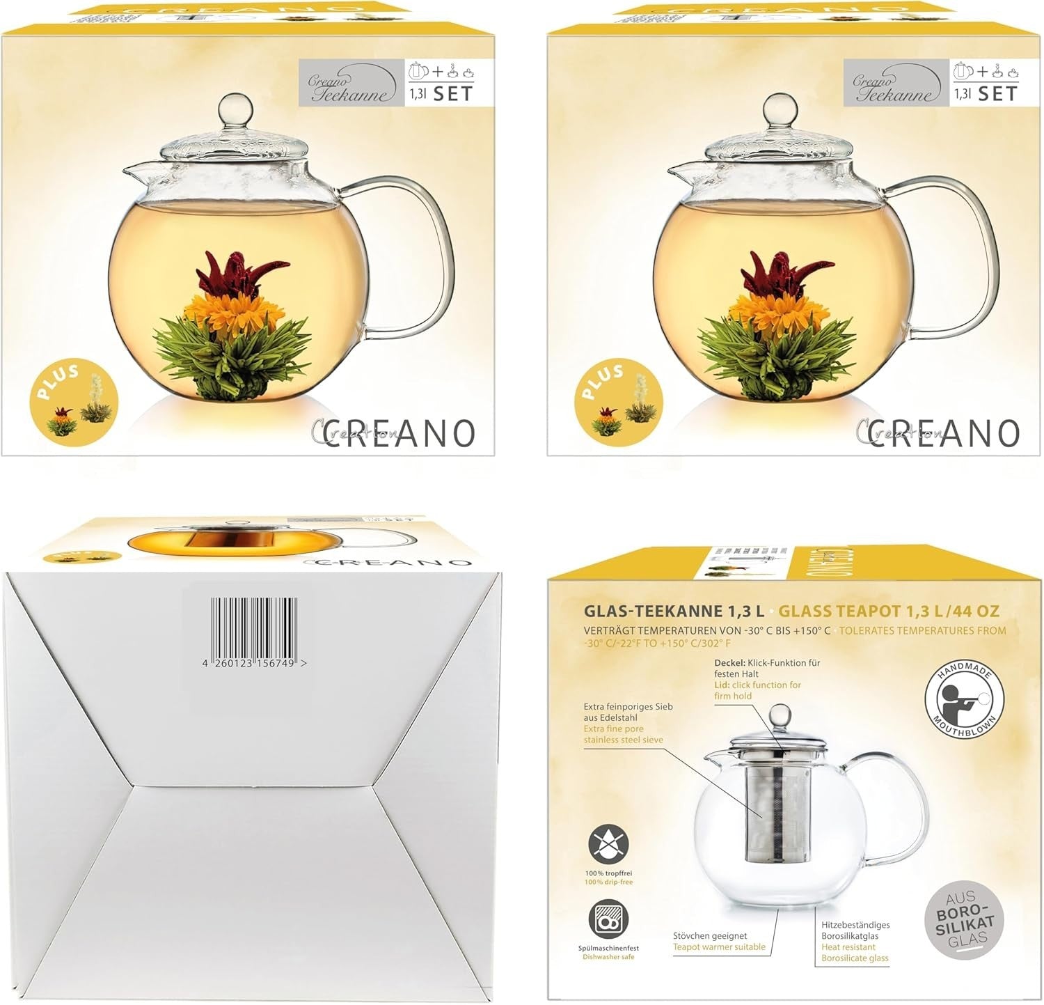 1.3L Glass Teapot Gift Set with Blooming Tea Flowers & Infuser