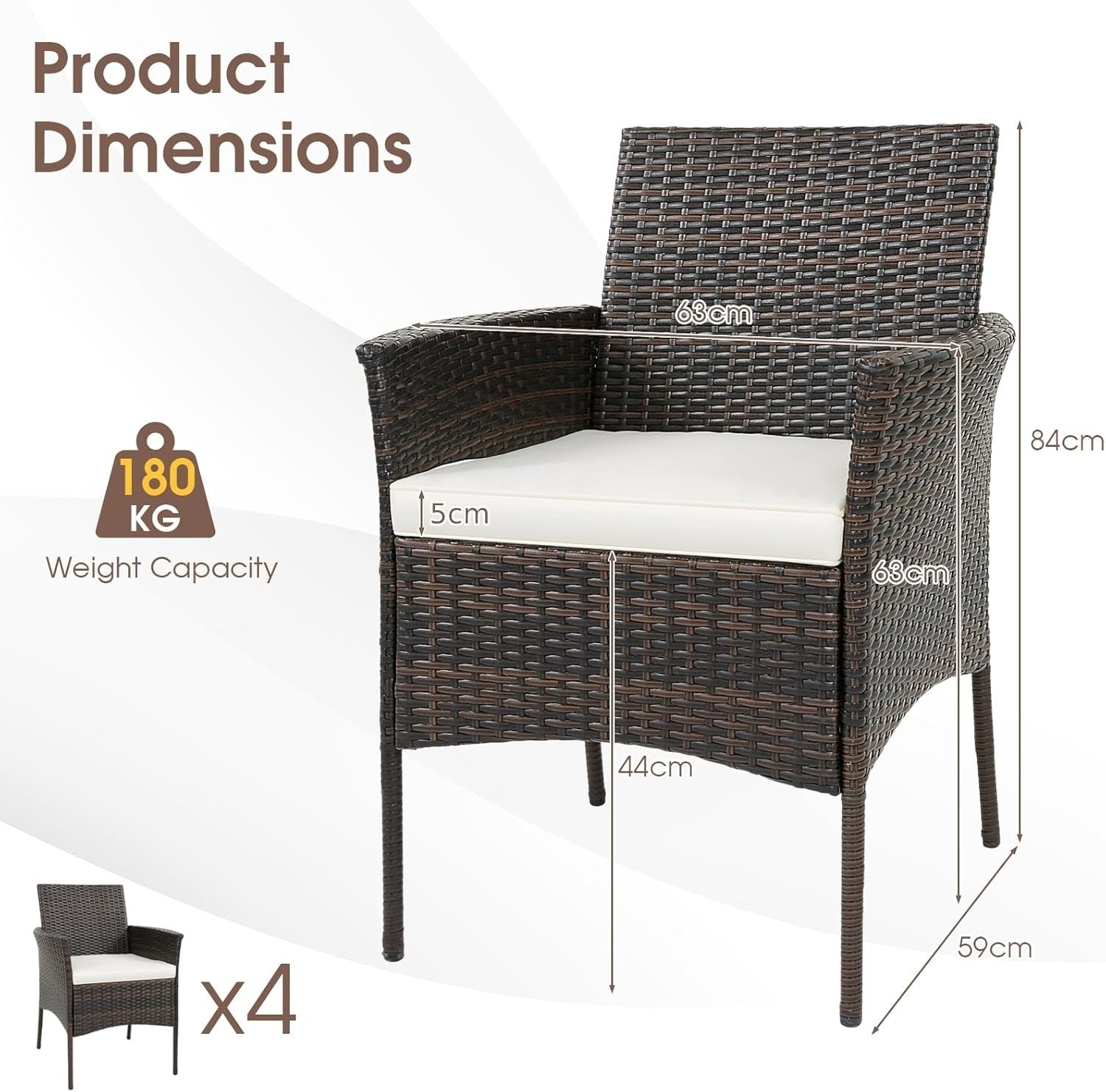 Set of 4 Outdoor Rattan Dining Chairs Cushioned Patio Armchairs Garden