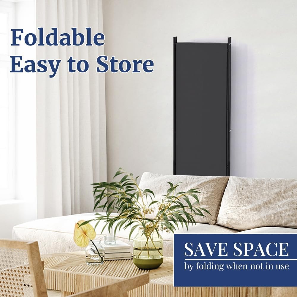 4 Panel Black Folding Room Divider with Lockable Wheels 223x178cm