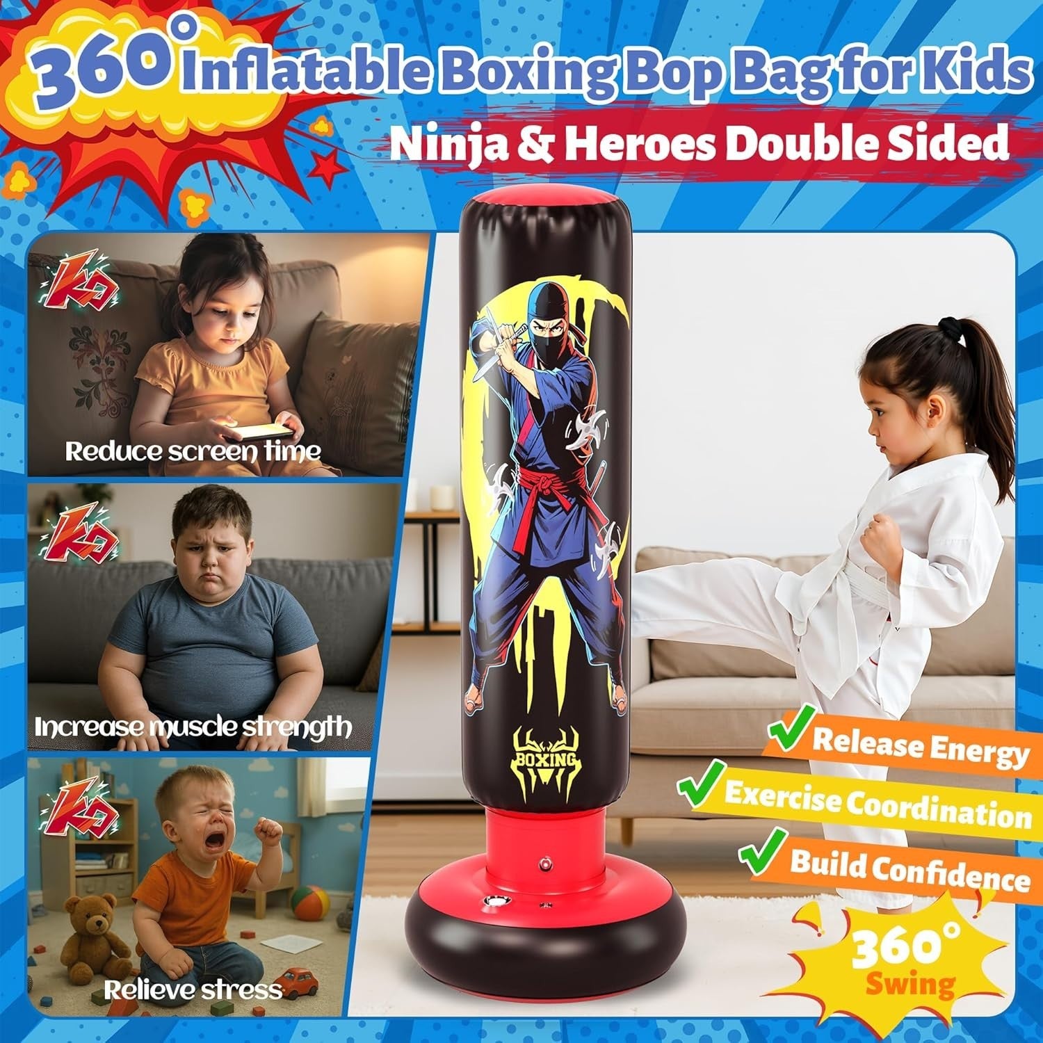Kids Inflatable Punching Bag 66” Boxing Karate Toy Gloves Set