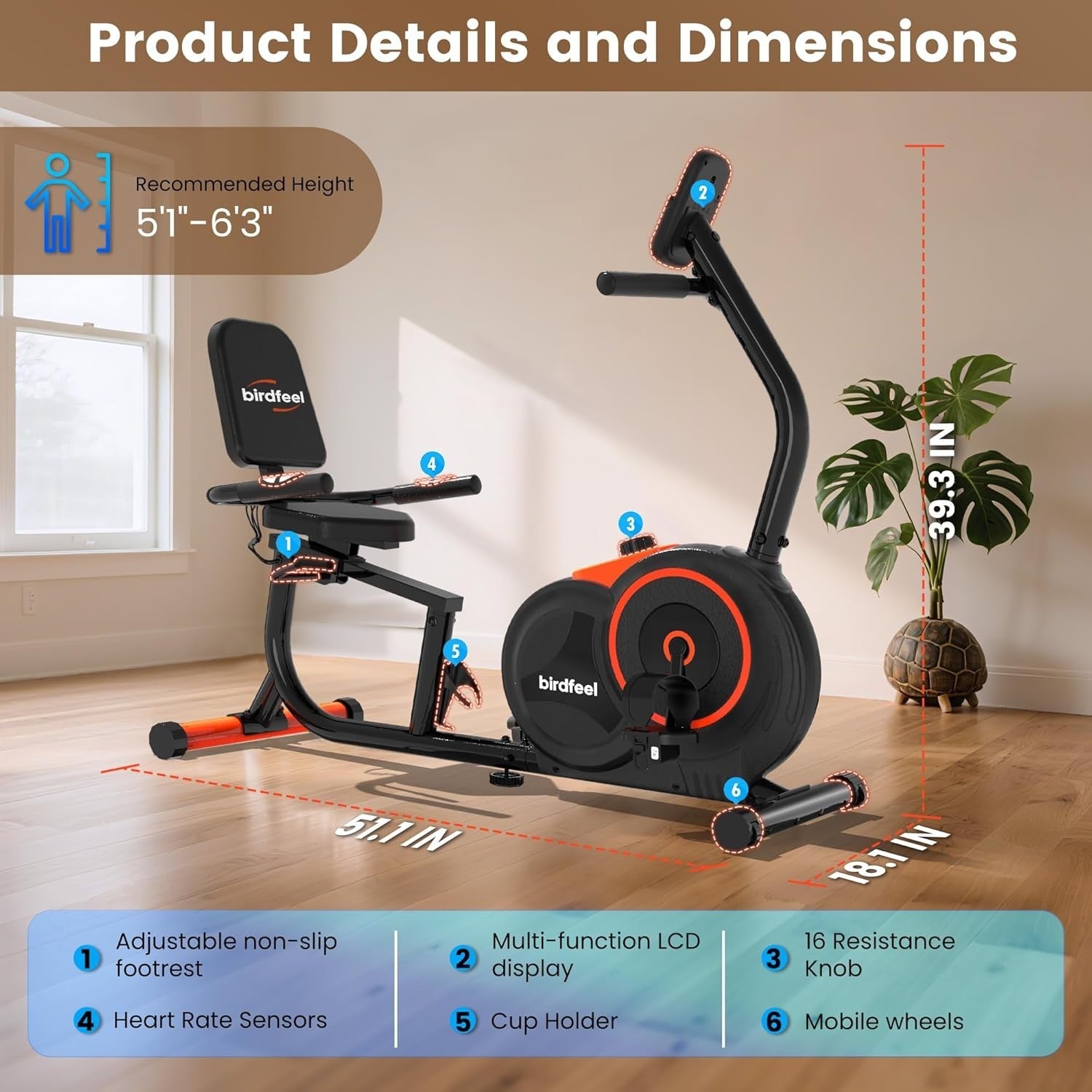 Recumbent Exercise Bike Magnetic 16-Level Quiet Adjustable Seat Heart Rate Home
