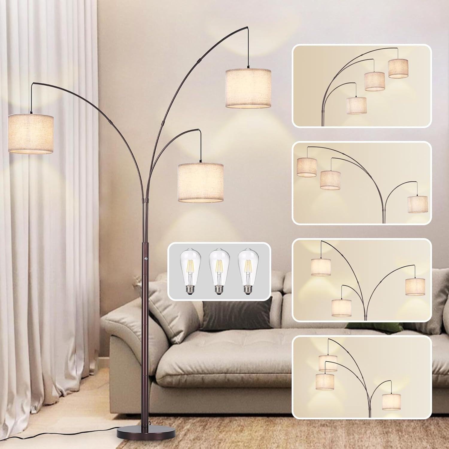 3-Head Adjustable Arc Floor Lamp with Beige Shades – Dimmable LED Lighting