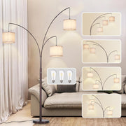 3-Head Adjustable Arc Floor Lamp with Beige Shades – Dimmable LED Lighting