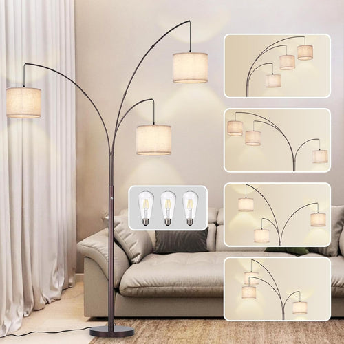 3-Head Adjustable Arc Floor Lamp with Beige Shades – Dimmable LED Lighting