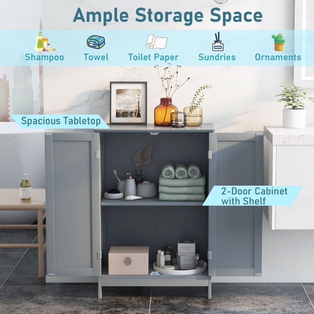 Adjustable Bathroom Floor Cabinet with 3 Shelves, Anti-Tipping Design, Grey