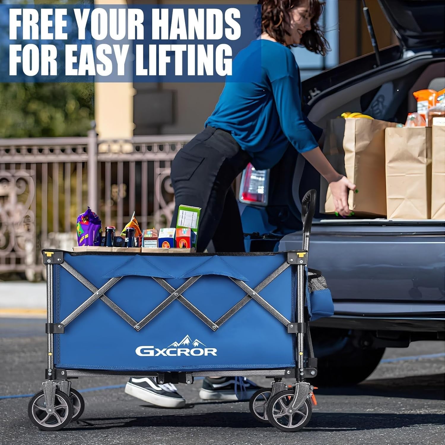Blue 100L Folding Wagon Heavy Duty Trolley 13cm Wide Wheel Cart w/ Brakes