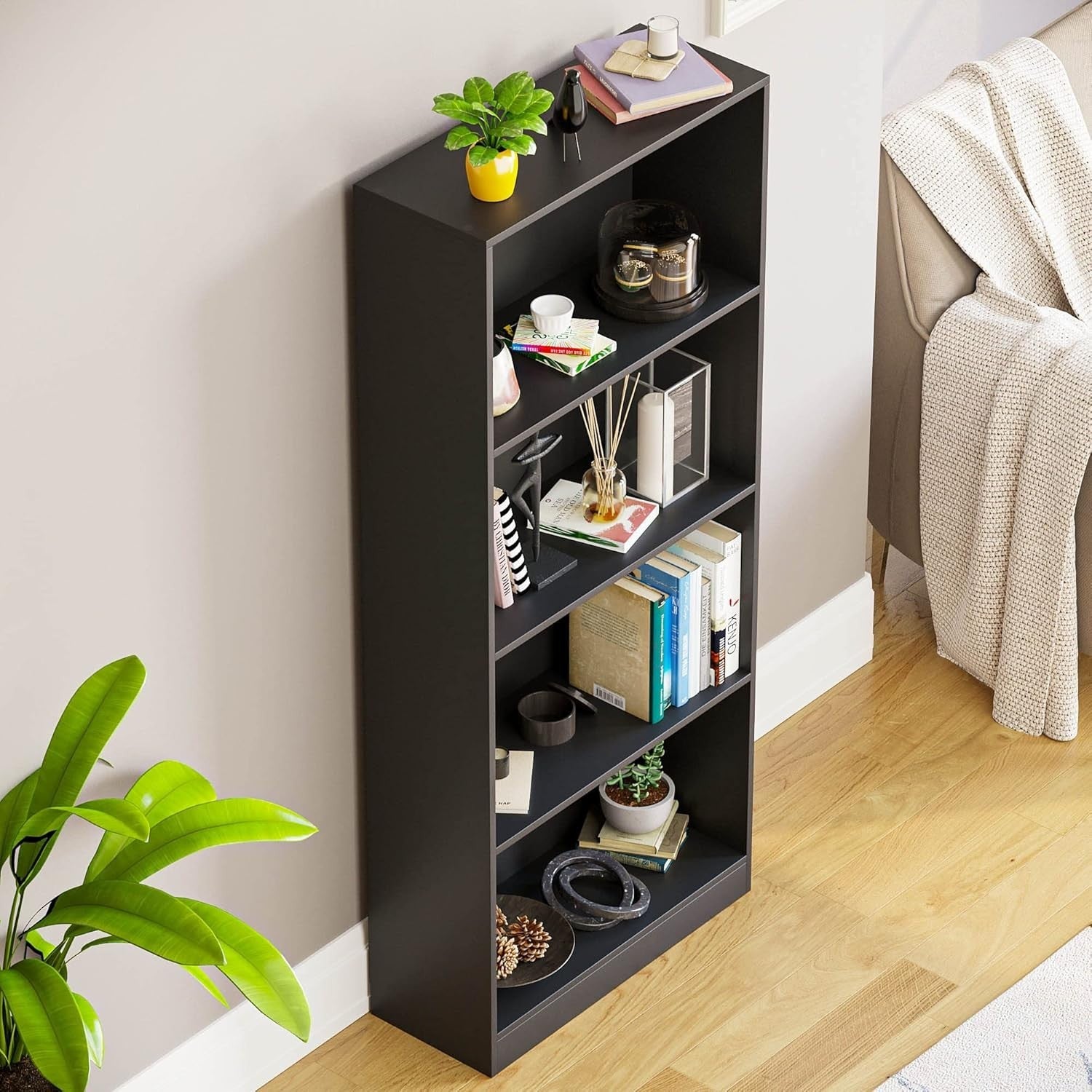 4 Tier Black Wooden Bookcase Modern Storage Display Shelf for Living Room