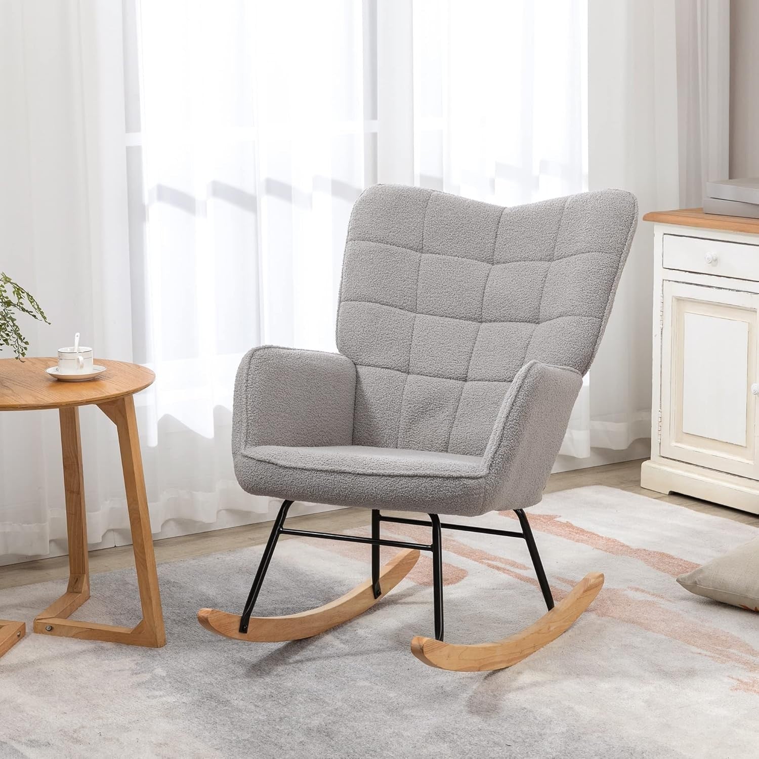 Light Grey Fleece Rocking Armchair – Soft Wingback Glider for Nursery & Home