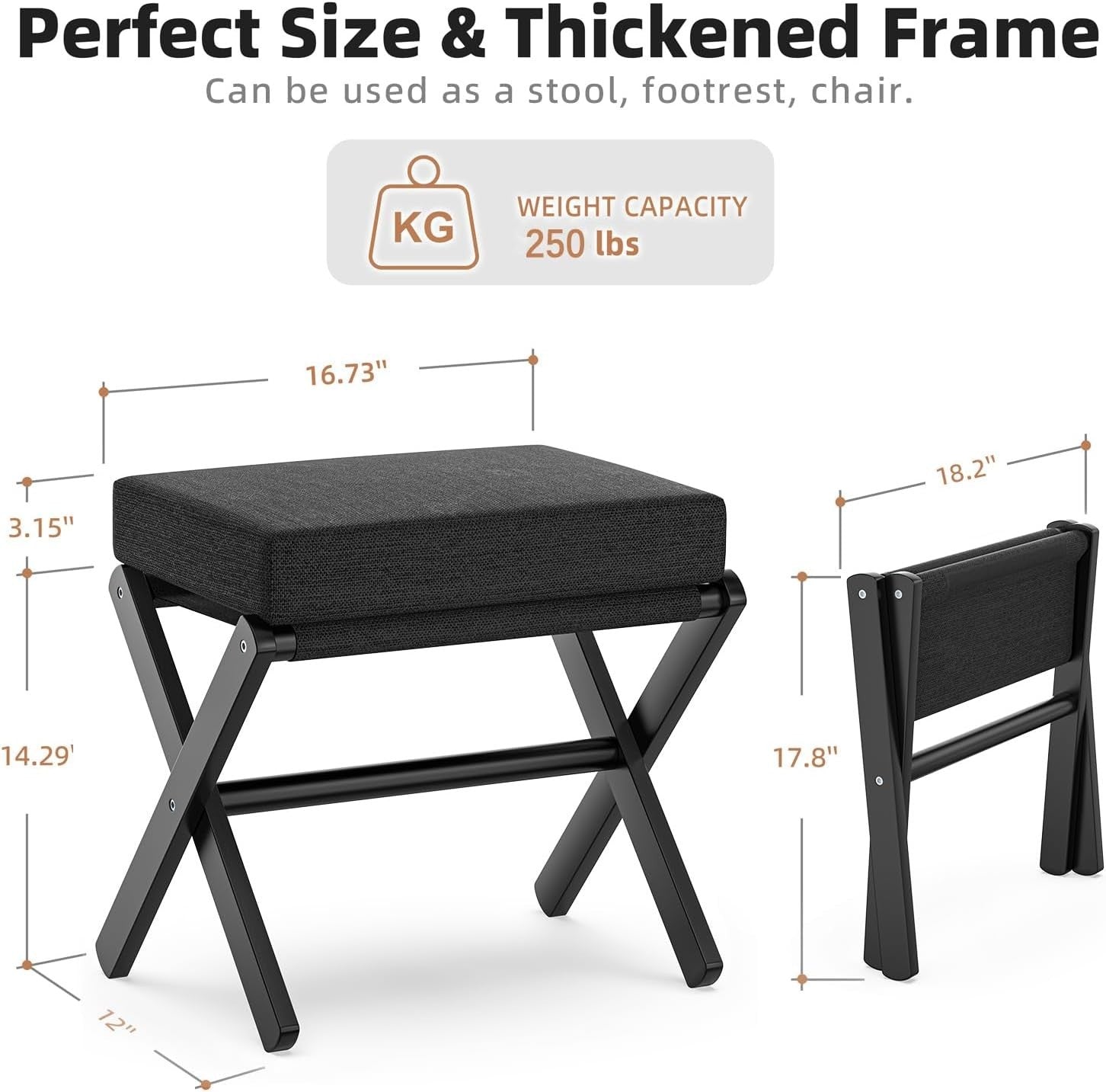 Black Foldable Footstool Ottoman with Bamboo X-Legs & Thick Chenille Cushion