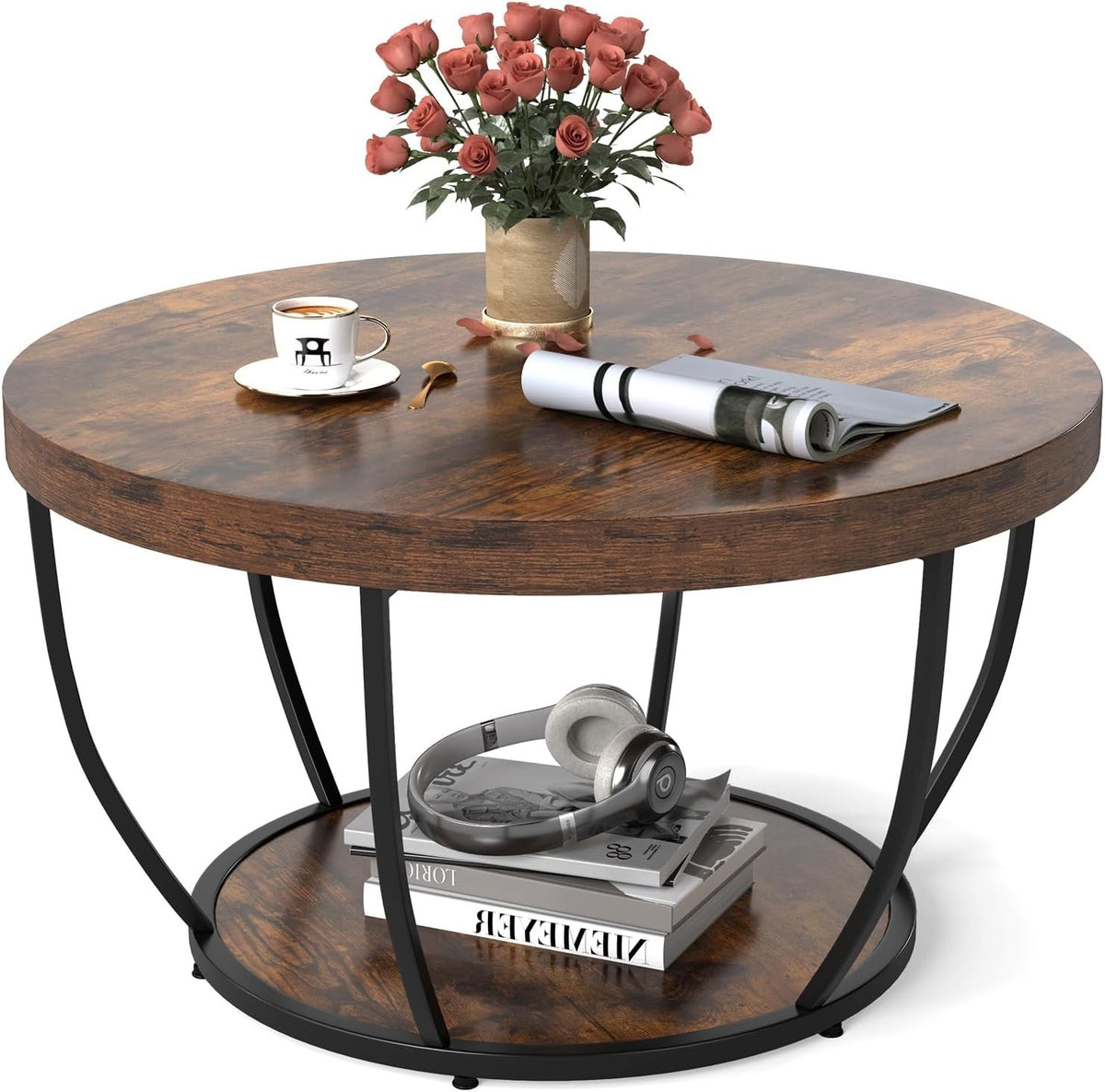 Round 2-Tier Coffee Table with Storage Shelf, Industrial Metal Frame, Rustic Bro