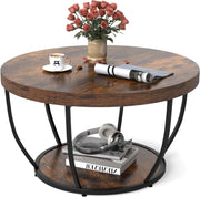 Round 2-Tier Coffee Table with Storage Shelf, Industrial Metal Frame, Rustic Bro