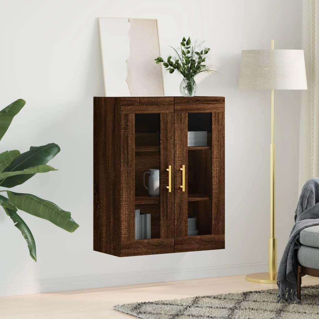 Modern Brown Oak Wall Mounted Storage Cabinet with Glass & Gold Handles