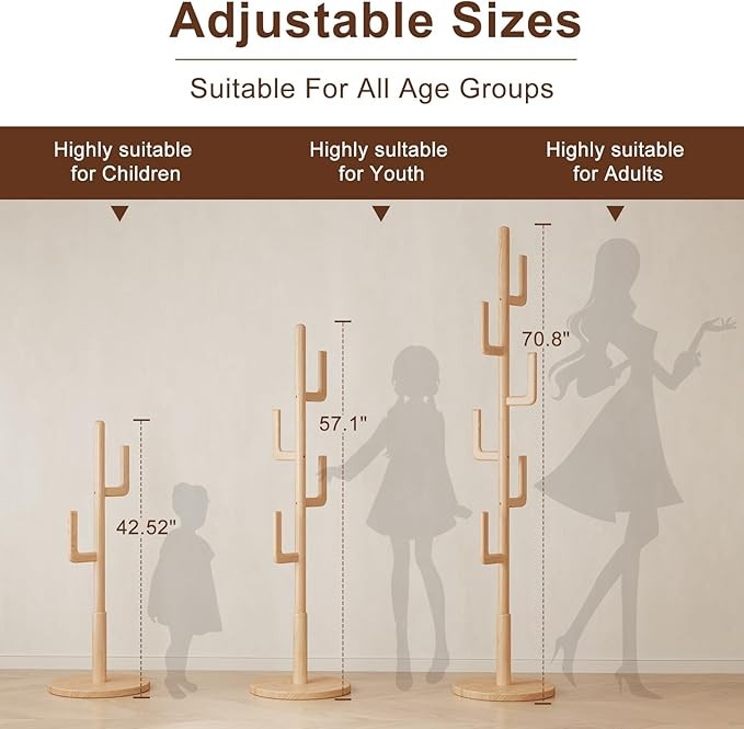 Wooden Coat Rack Stand | Cactus Design Hall Tree with 6 Hooks for Coats & Hats