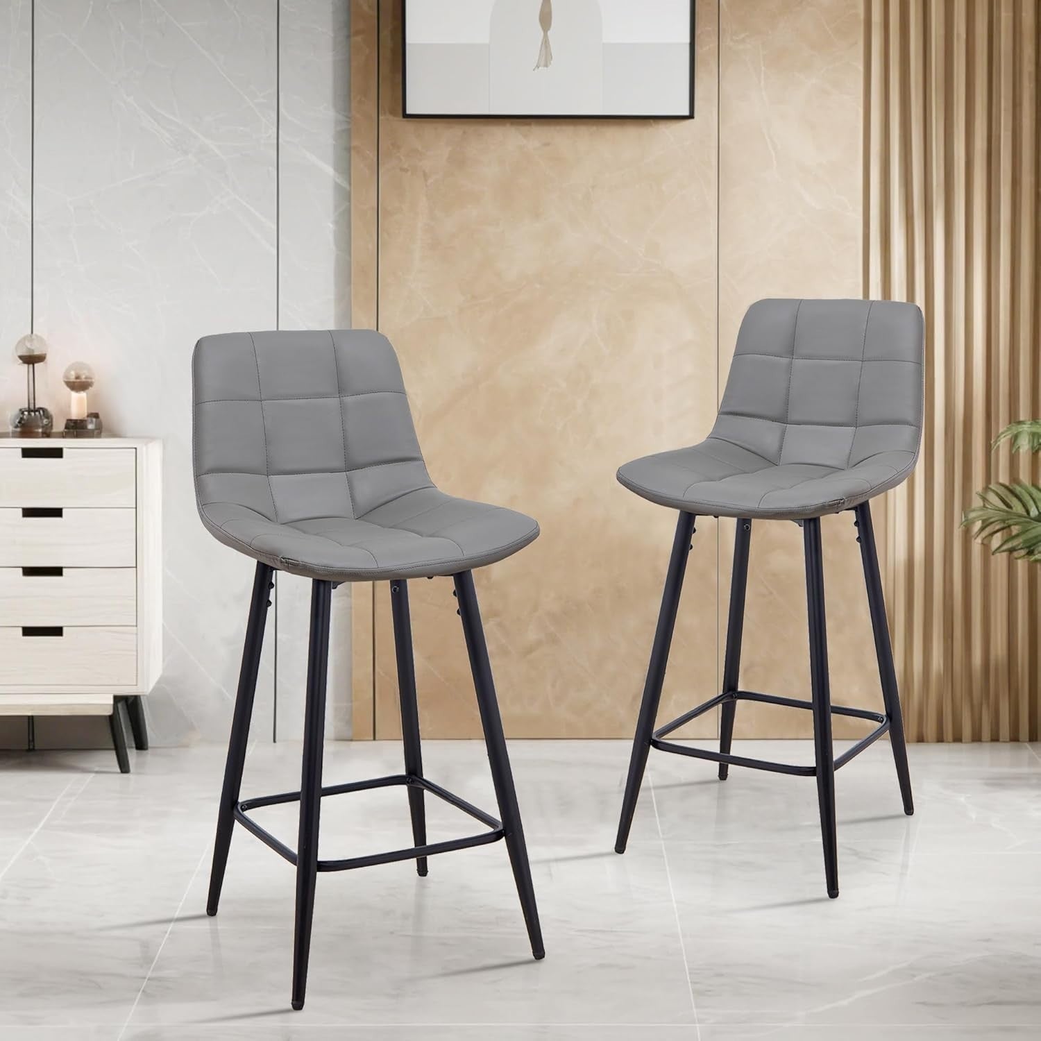 Grey Faux Leather Bar Stools Set of 2 – Fixed Height Kitchen Chairs