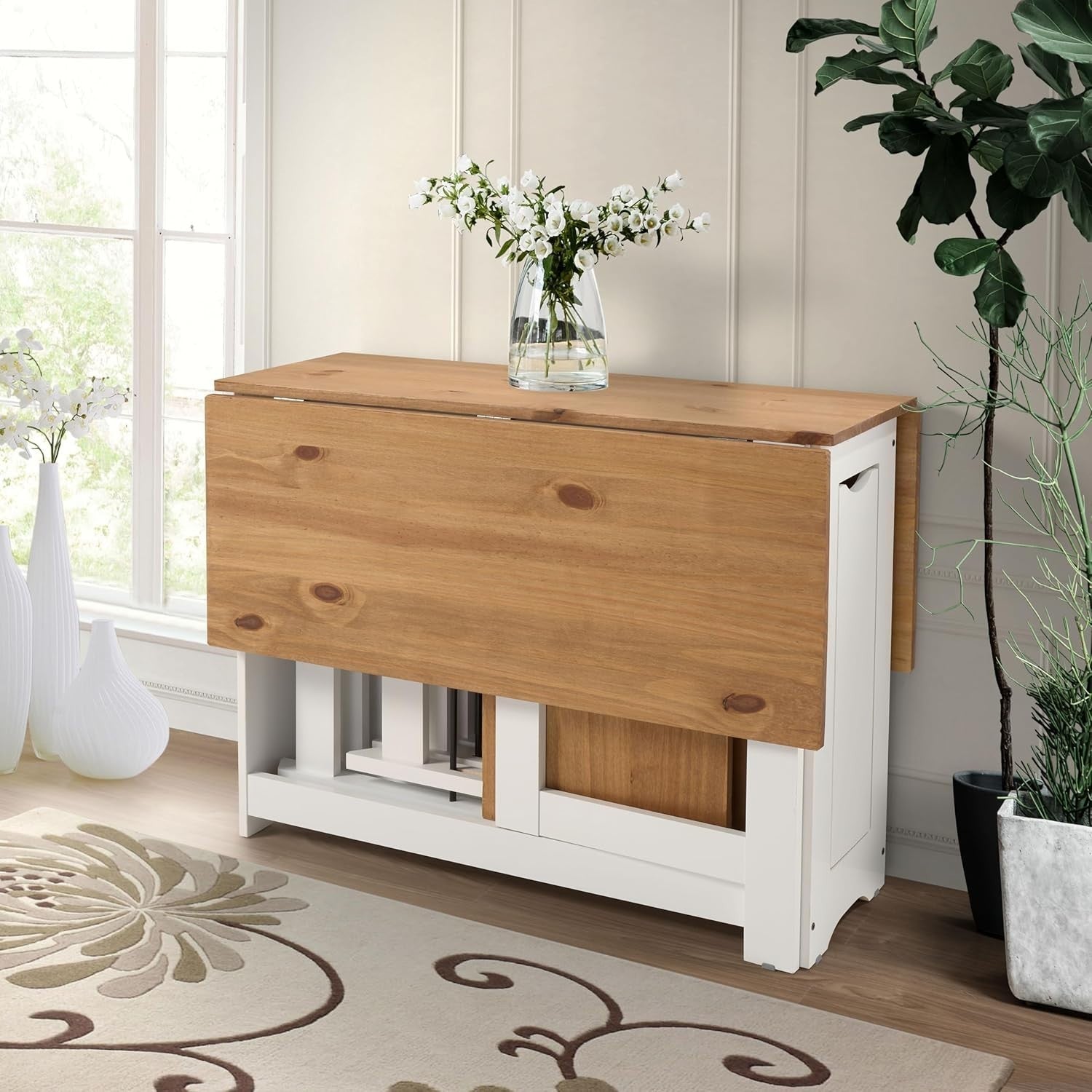 White Folding Dining Set for Small Spaces | Distressed Waxed Pine Table +4