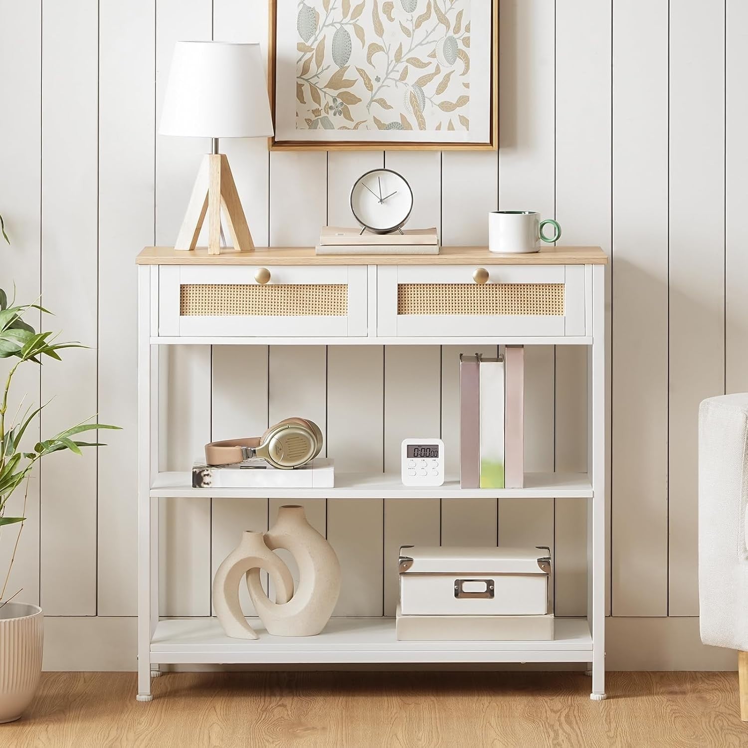 White Rattan Console Table with Drawers & Shelves, Slim 80cm Hallway Unit