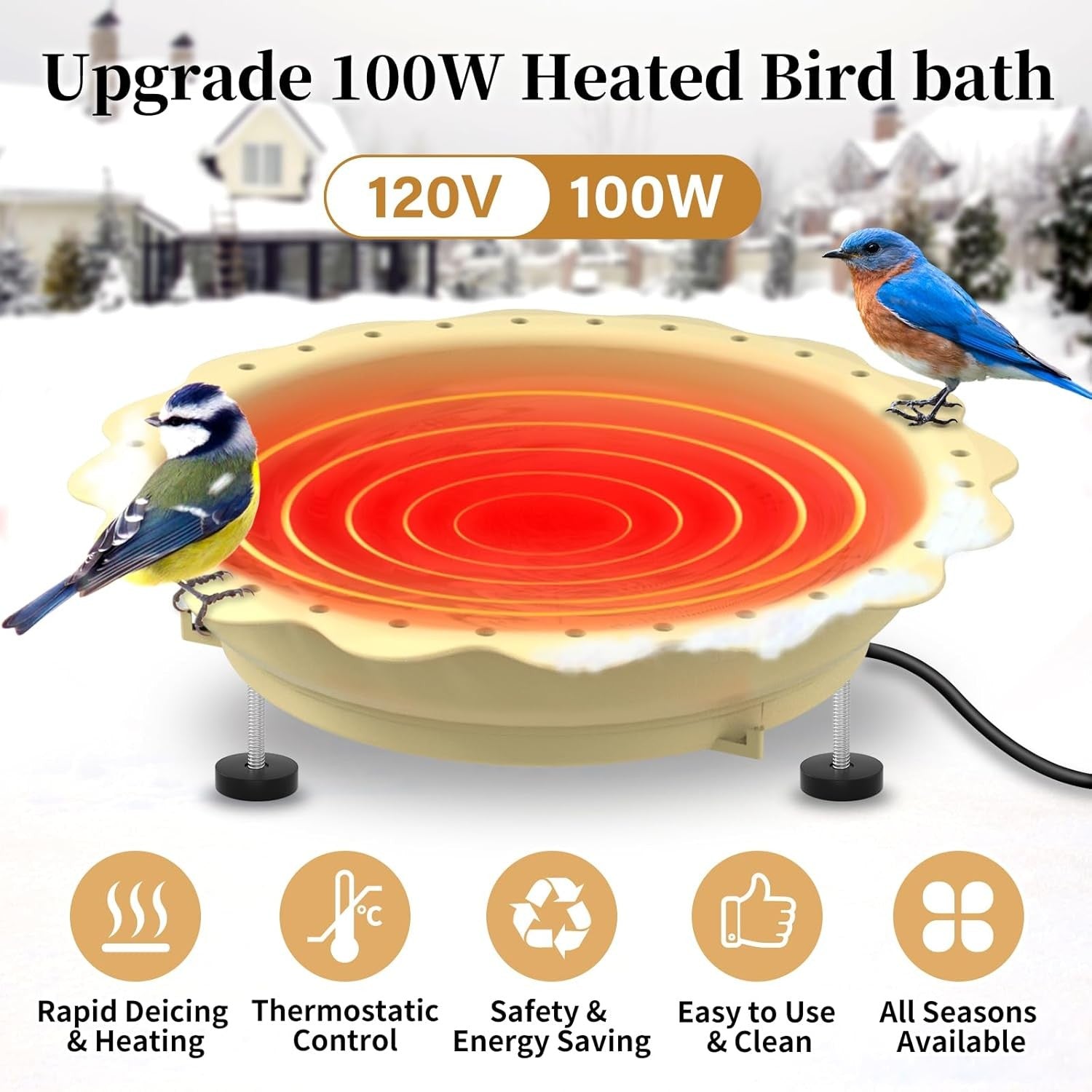 100W Heated Bird Bath Outdoor Thermostat Anti-Freeze Feeder Khaki