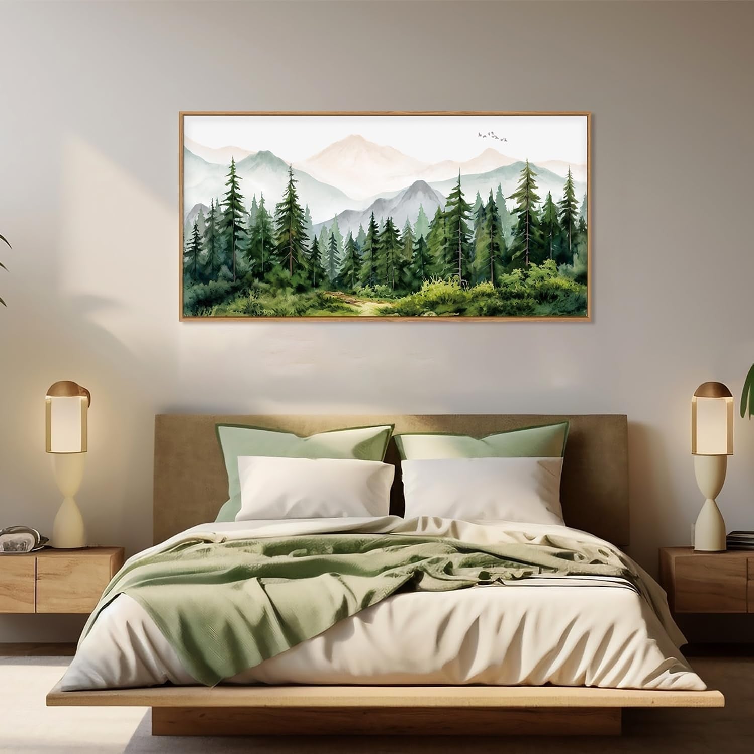 Forest Mountain Canvas Wall Art Framed Watercolor Nature Landscape Print 20x40