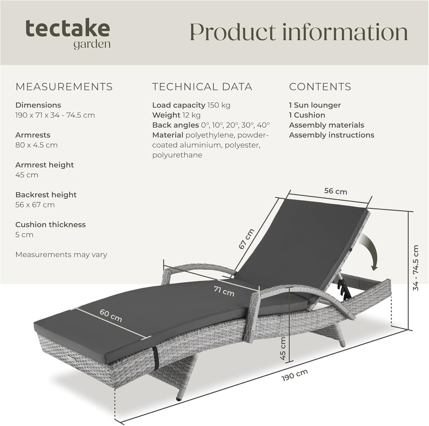 Adjustable Rattan Sun Lounger with Cushion, Weatherproof & Lightweight