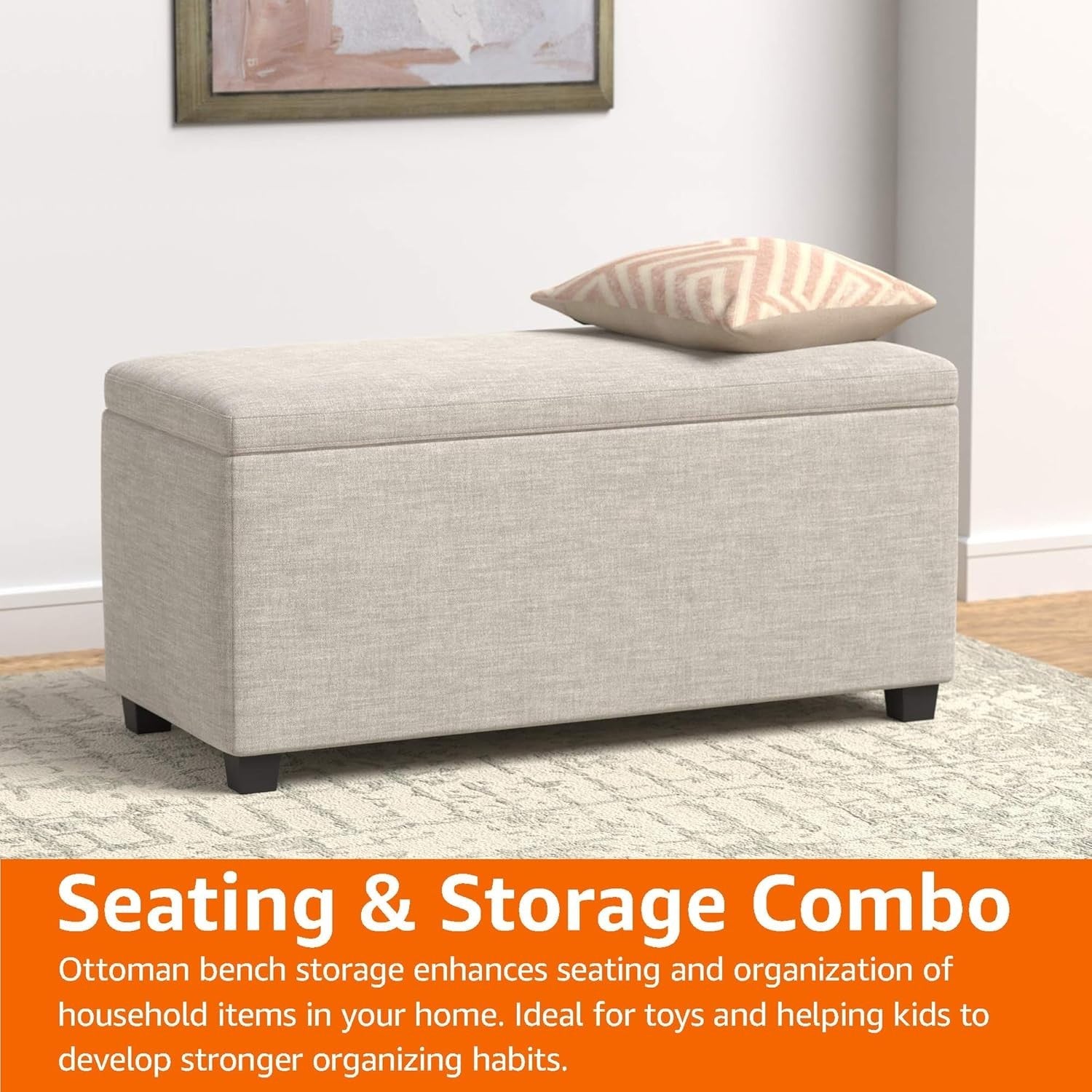 Beige Upholstered Storage Ottoman Bench Soft Close Lid Fabric Seat Box 90x42x43