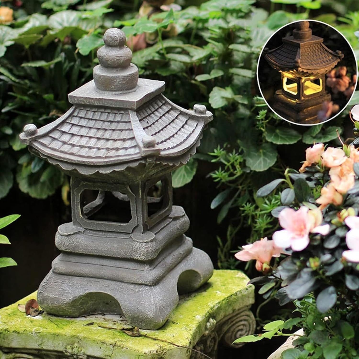 Solar Garden Pagoda Lantern – Japanese Stone LED Statue (34×17 cm)