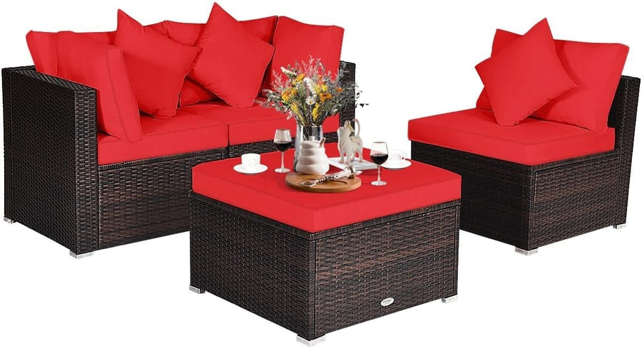 4PC Red Rattan Garden Sofa Set Modular Patio Lounge Coffee Table Cushions