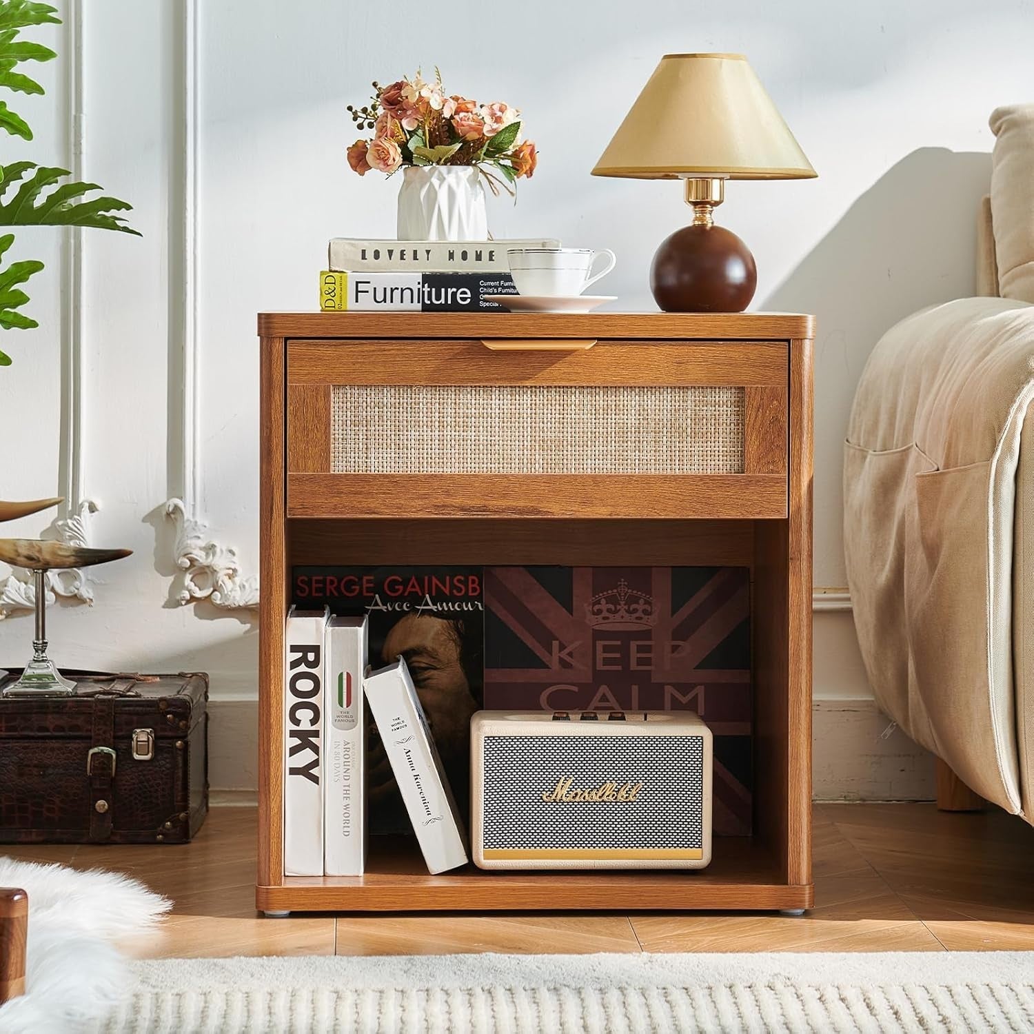 Wide Rattan Bedside Table Nightstand with Drawer Boho Wood