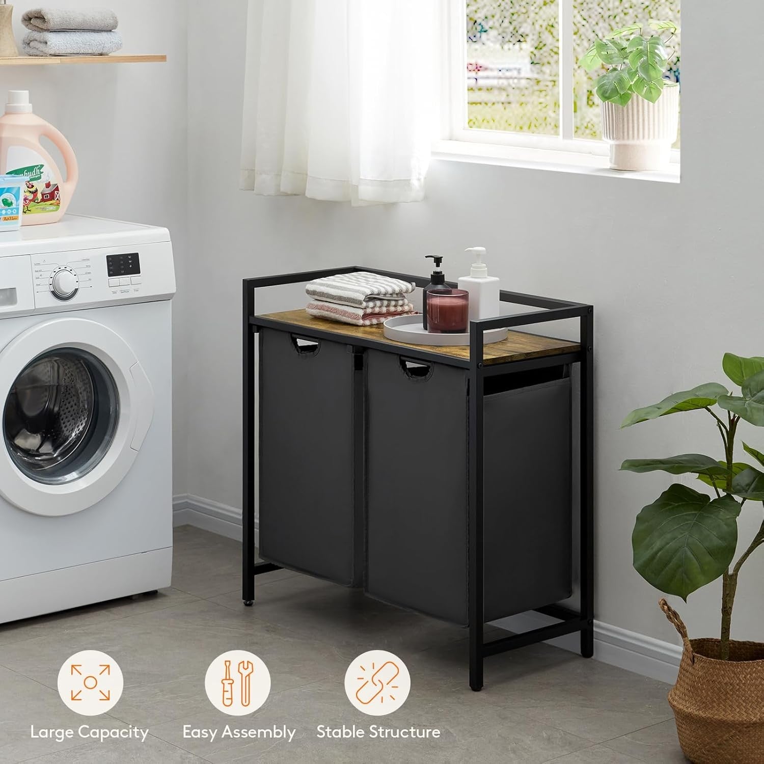 95L Double Laundry Hamper Black with Shelf & Pull-Out Bags | Modern Laundry Sort