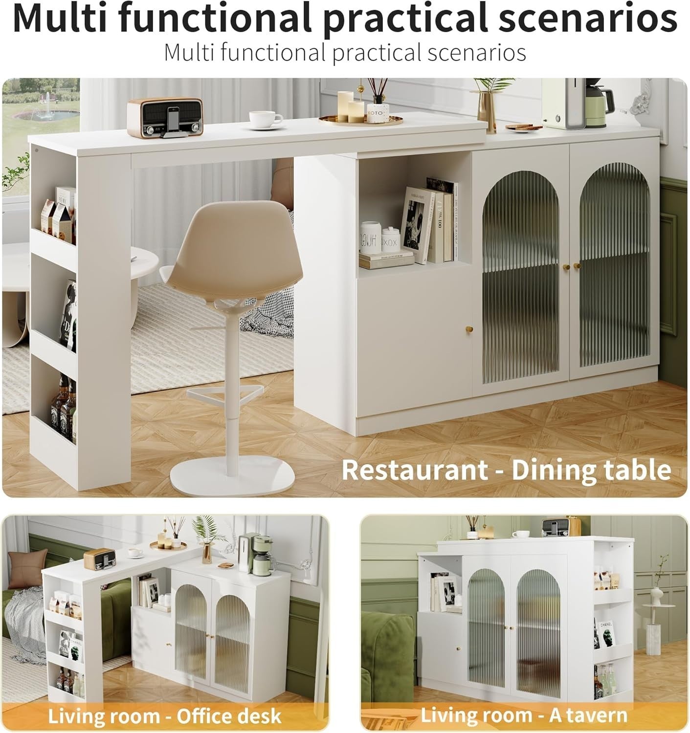 360° Rotating Kitchen Island with Glass Doors & Multiple Storage Shelves White