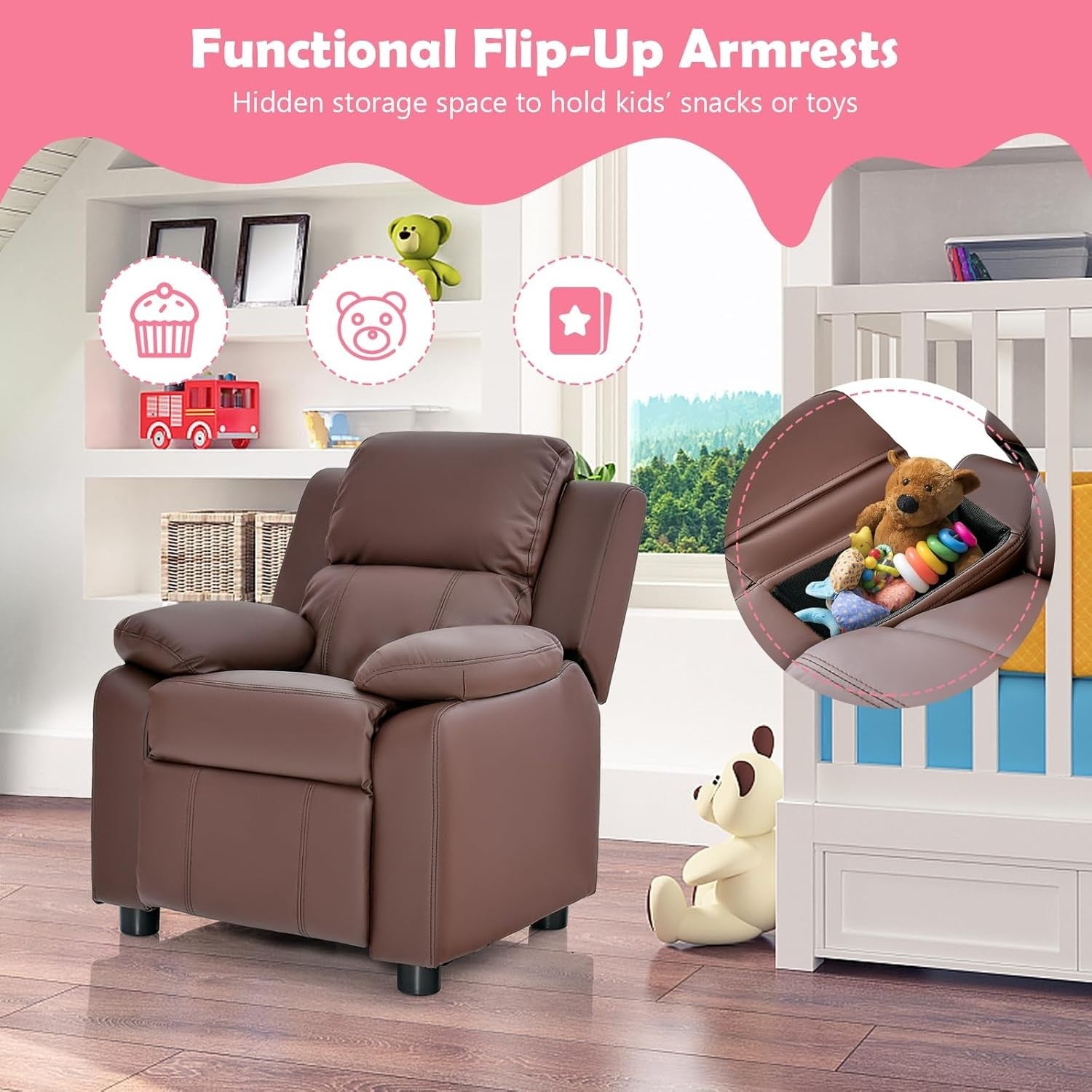 Kids Recliner Chair PU Leather Adjustable Backrest & Footrest with Storage Arms