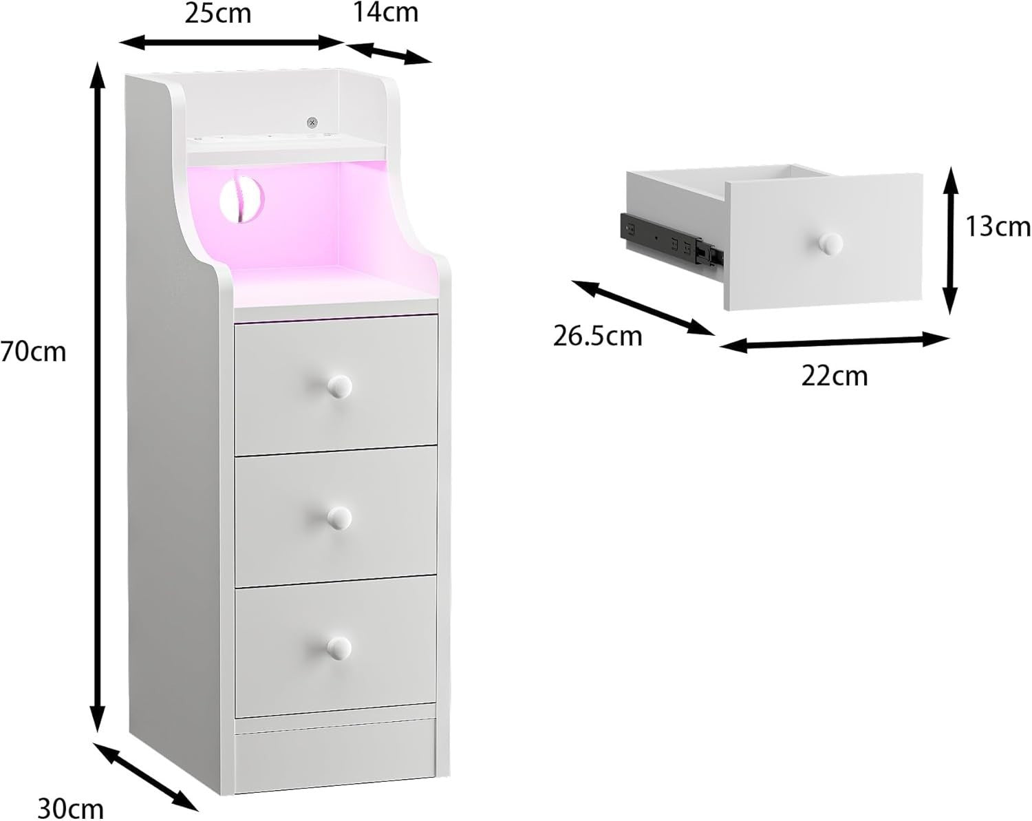 Slim White Bedside Table with RGB LED Lights & Charging Station | 3 Drawer