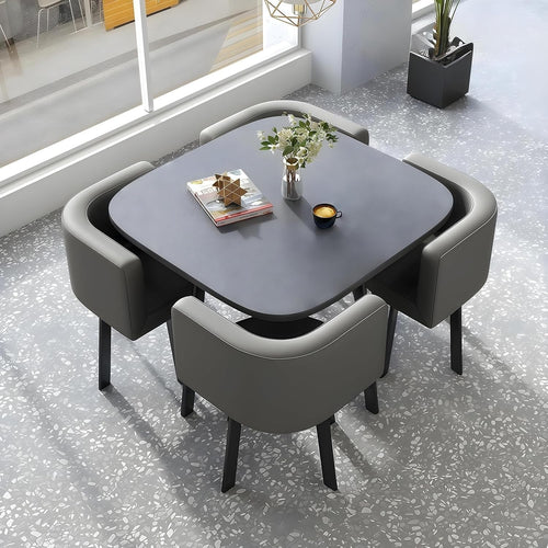 Modern 5-Piece Grey Dining Table Set with 4 Faux Leather Chairs, Compact Size