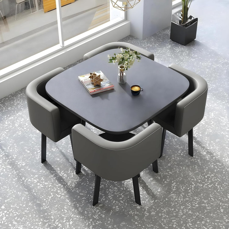 Modern 5-Piece Grey Dining Table Set with 4 Faux Leather Chairs, Compact Size