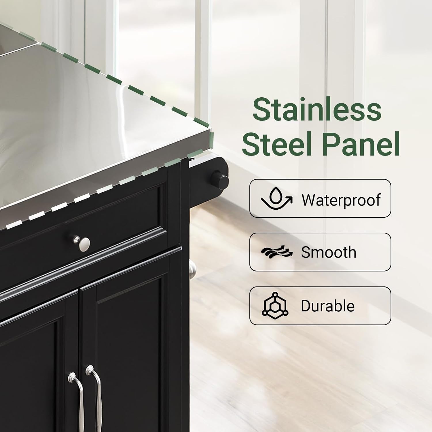 Black Rolling Kitchen Island Extendable Worktop 115cm