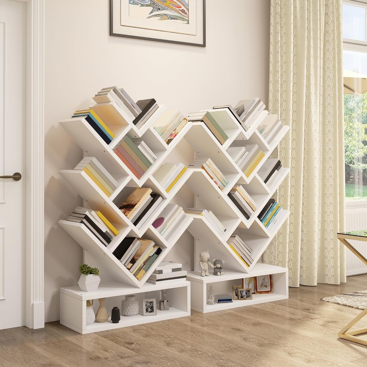 Tree Bookshelf with Drawer 5 Tier White  Wooden Bookcase Storage Rack