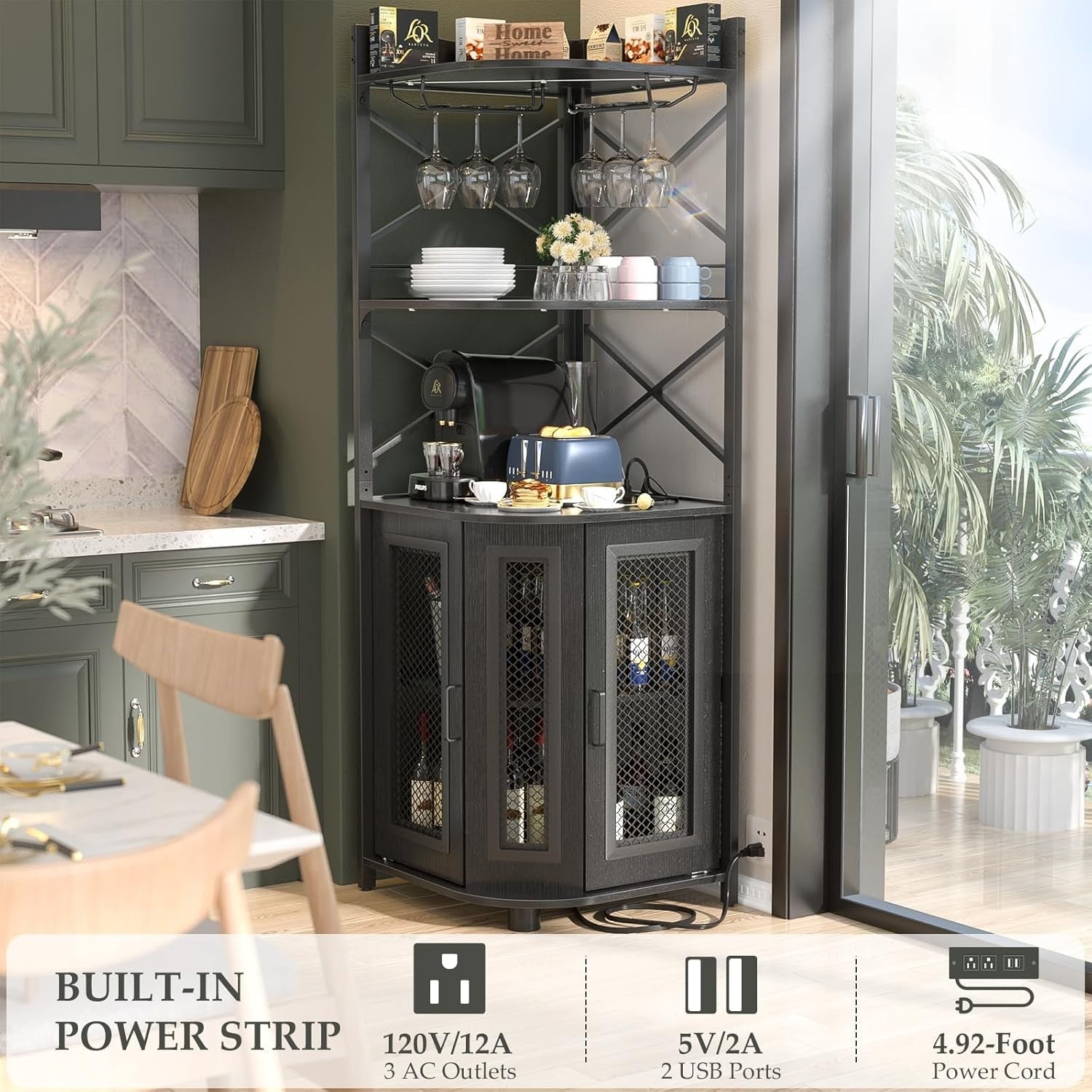 Corner Bar Cabinet with LED Lights & Power Outlets, 5-Tier Liquor Display
