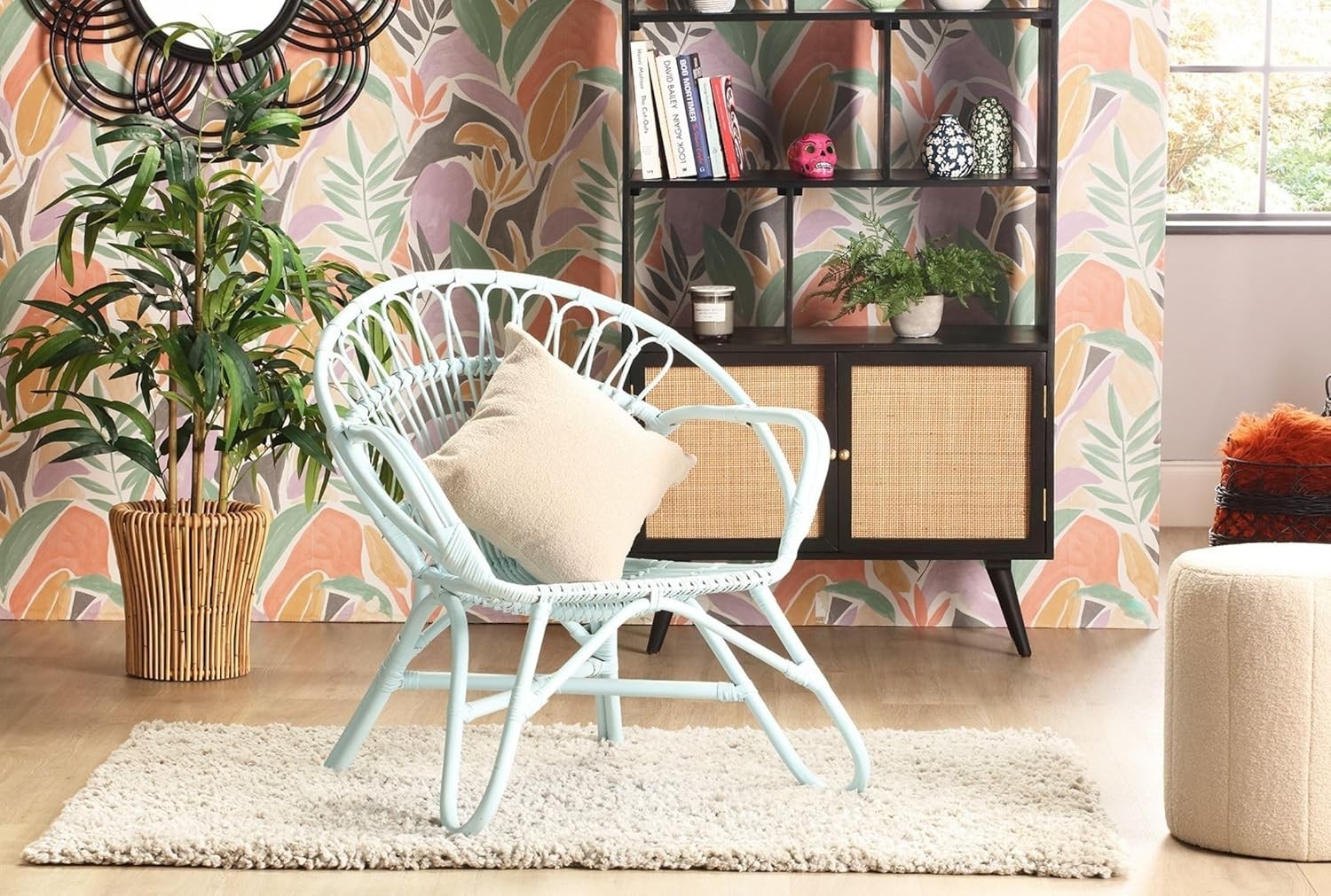 Blue Nordic Rattan Wicker Armchair Indoor Cane Lounge Chair Living Room