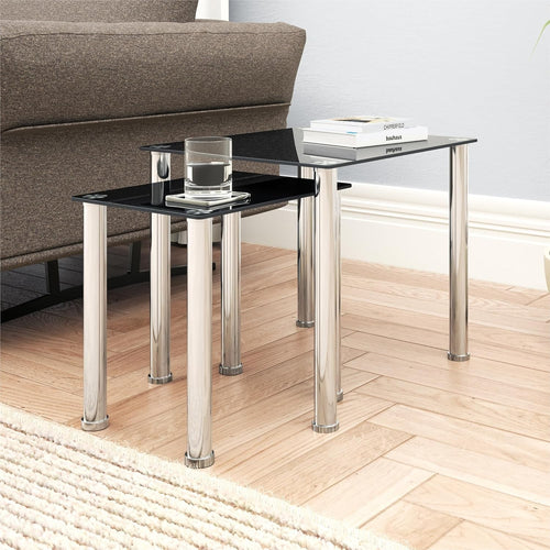 Black Square Nesting Side End Tables Set of 2 Glass Metal Chrome Frame