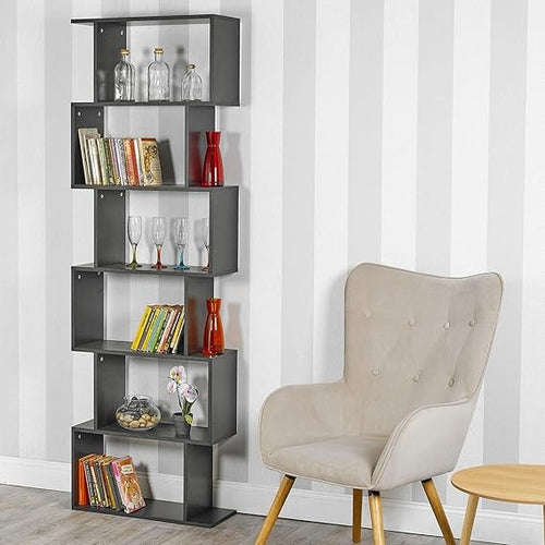 URBNLIVING Wooden S-Shaped Display Bookcase Storage Divider Unit (Black, 6 Tier)